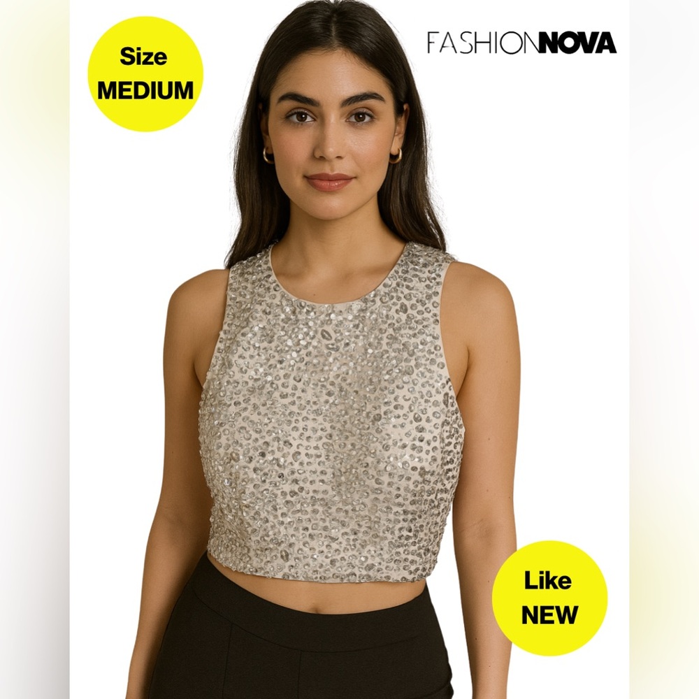 FASHION NOVA 🤍 Silver Sequins Crop Tank Top (Women's Medium)